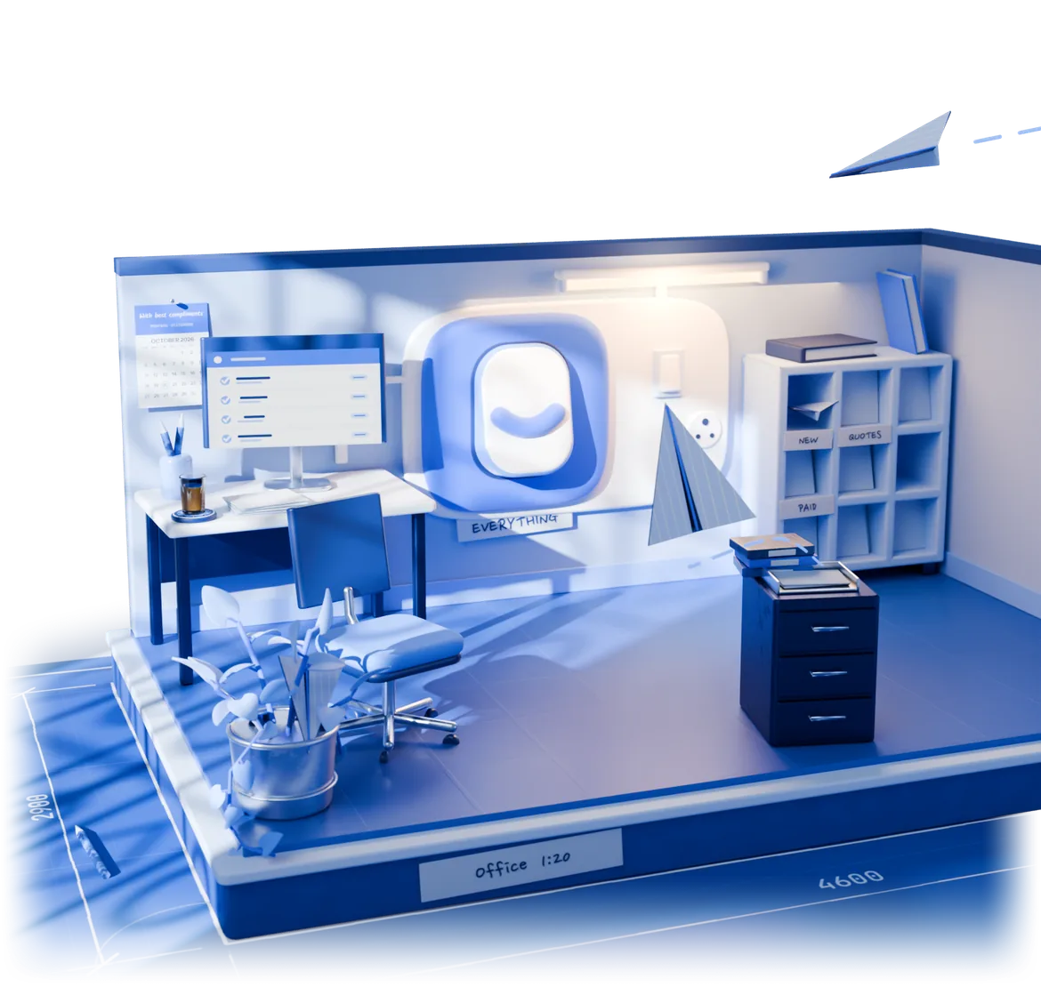 A small clay office in shades of blue on a plinth: a desk with a computer and a mug, a shelf, a plant, two chairs, paper planes bringing the post, and a big light switch in the middle.