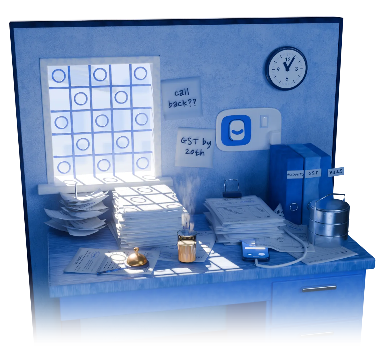 A small desk, sorted: the papers sit in three trays, the phone shows every enquiry answered, a sticky note that said call back has a tick on it, and the glass of chai is still steaming.